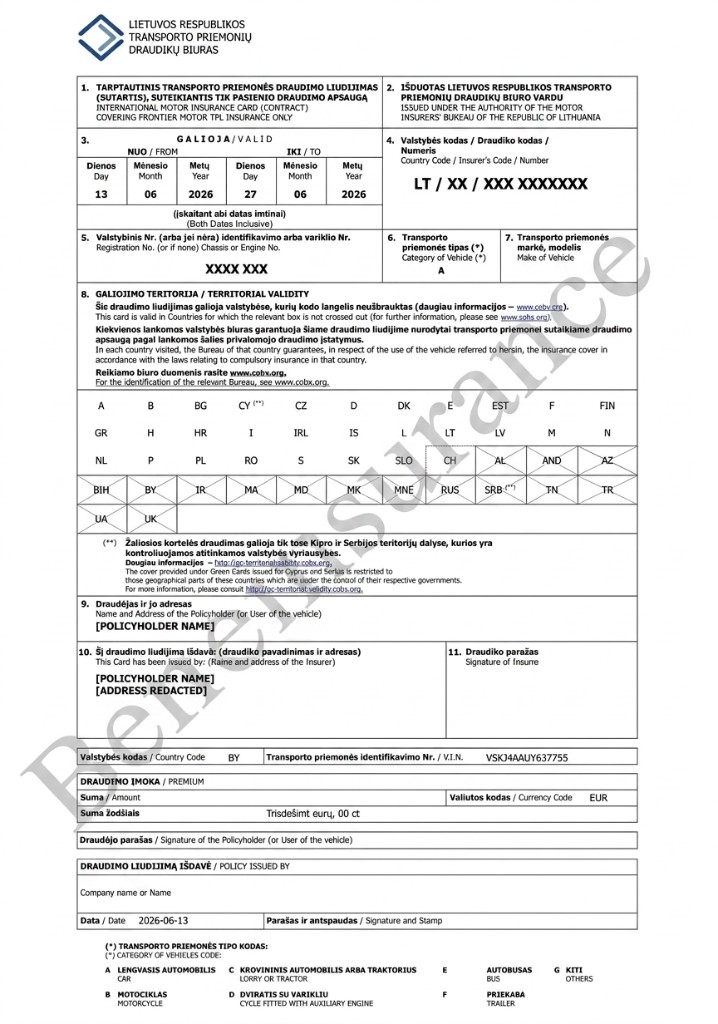 Литва BTA — Зелёная карта (Green Card) — образец страхового полиса