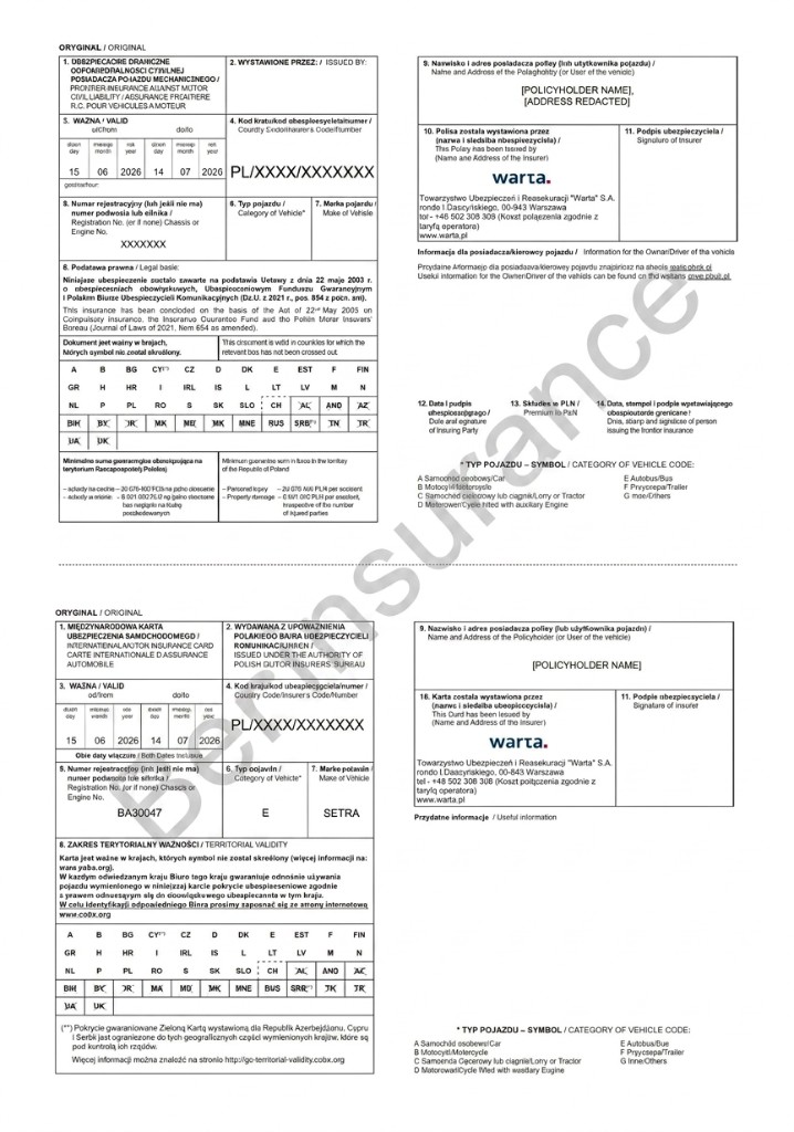 Польша Warta — Зелёная карта (Green Card) — образец страхового полиса
