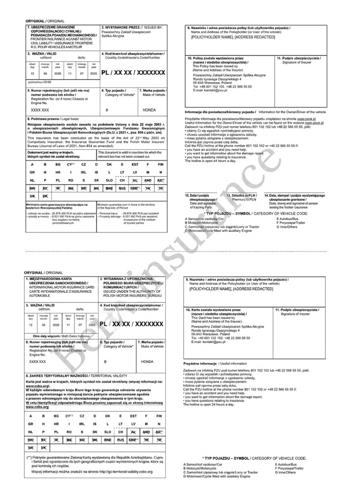 Польша PZU — Зелёная карта (Green Card) — образец страхового полиса