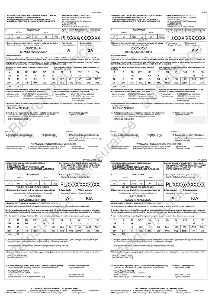 Польша Balcia — Зелёная карта (Green Card) — образец страхового полиса