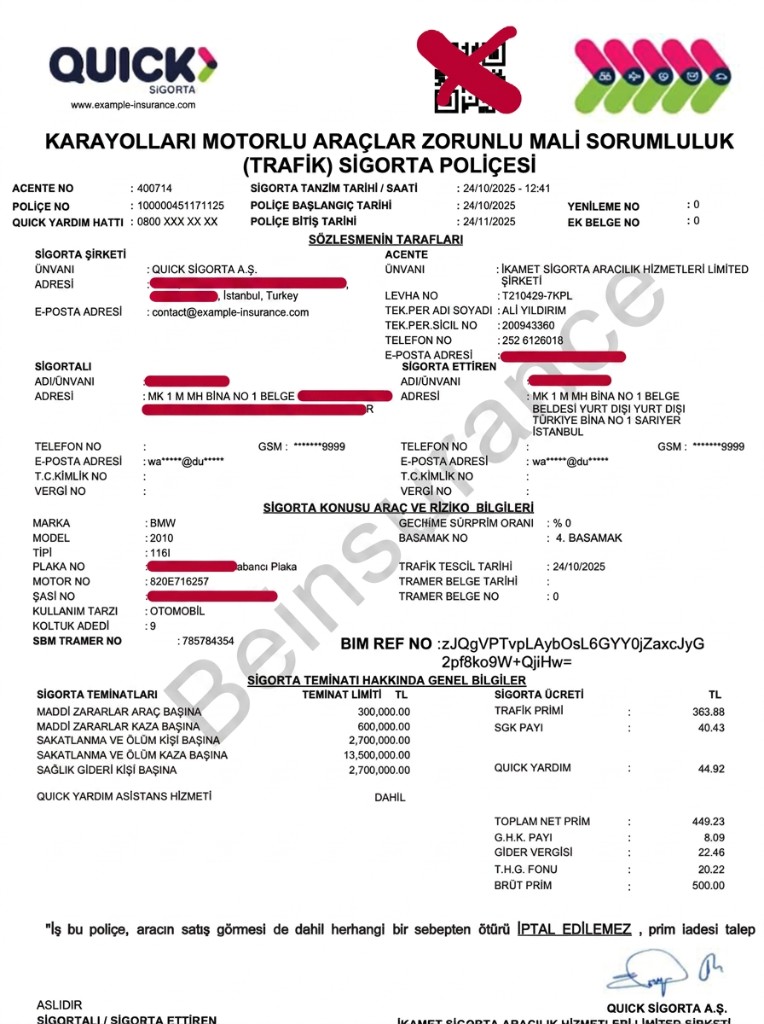 Турция Quick Sigorta — Турция — Zorunlu Trafik Sigortası — образец страхового полиса