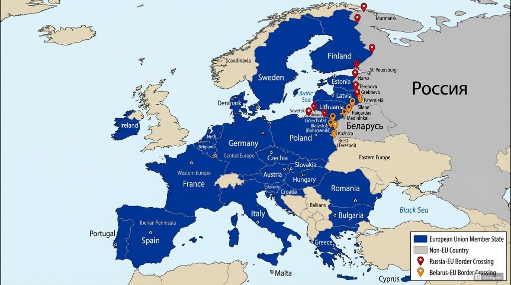 Карта Европы с выделенными странами ЕС и основными пограничными переходами из России и Беларуси для оформления Европолиса
