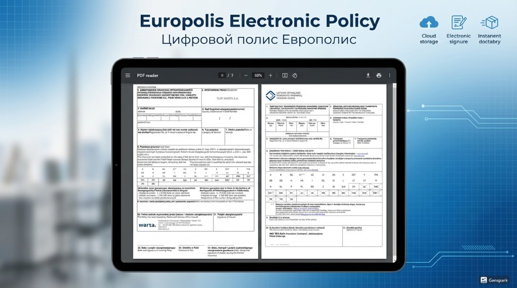 Образец современного электронного полиса Европолис в формате PDF для поездок в Европу на автомобиле